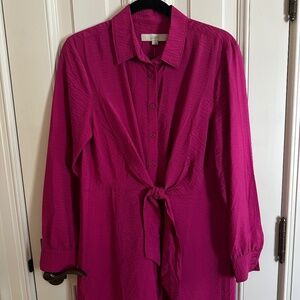 NWT Loft Long-sleeved Pink Button-down Dress. Fuchsia. Tie Waist. Above Knee. 8